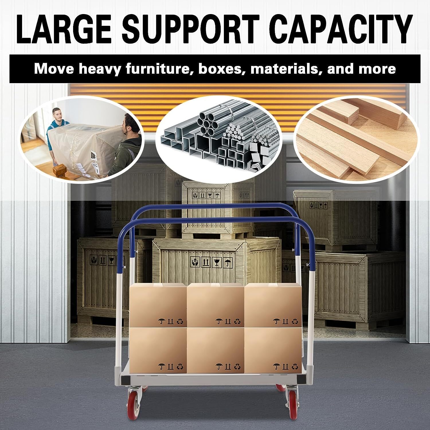 1500 lbs Professional Panel Cart Dolly Rectangular Low Noise with 5inch Casters