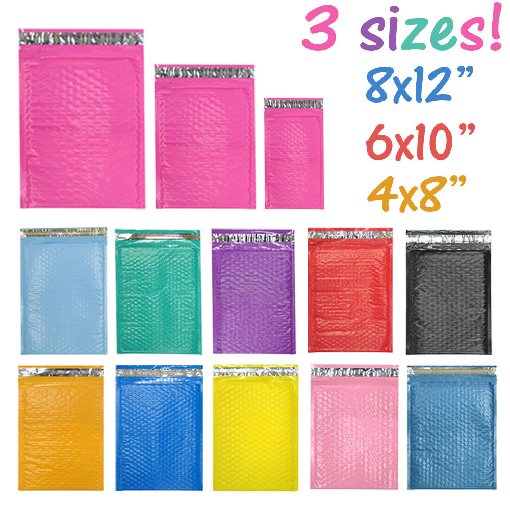 All 3 Sizes! Assorted 8.5×12, 6×9, & 4×8 Colored Poly Bubble Padded Mailers NEW!