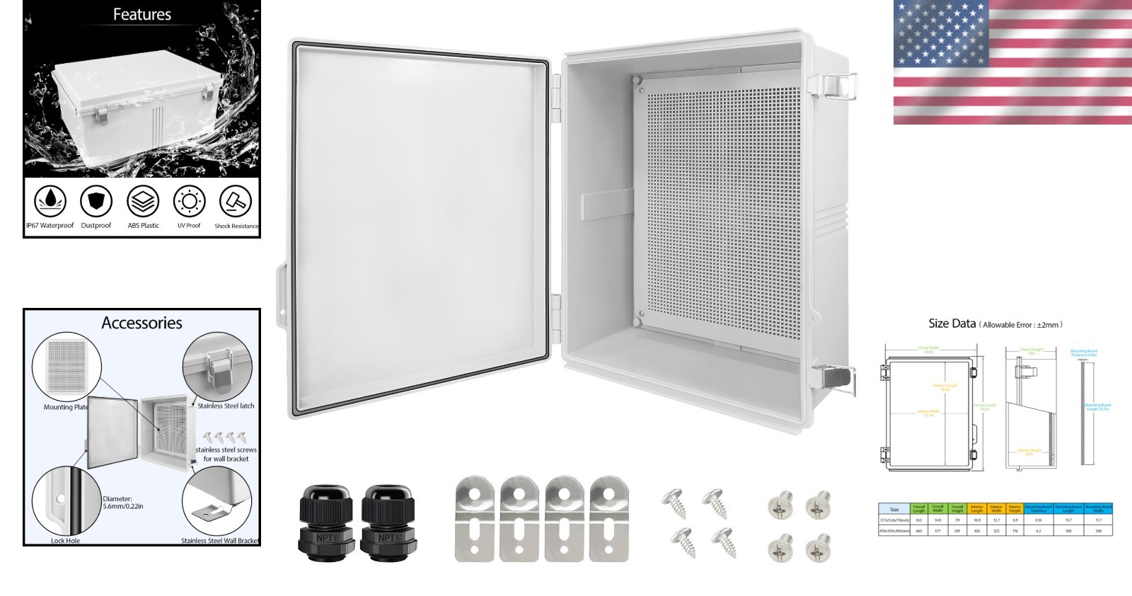 Protective Junction Box, ABS Plastic, Stainless Steel Latch, 17.7″x13.8″