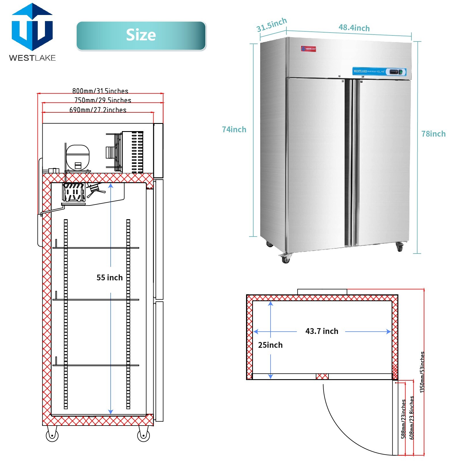 Commercial Reach In Refrigerator, Cooler, Fridge, 48 Inch 2 Solid Door, 36 Cu.ft