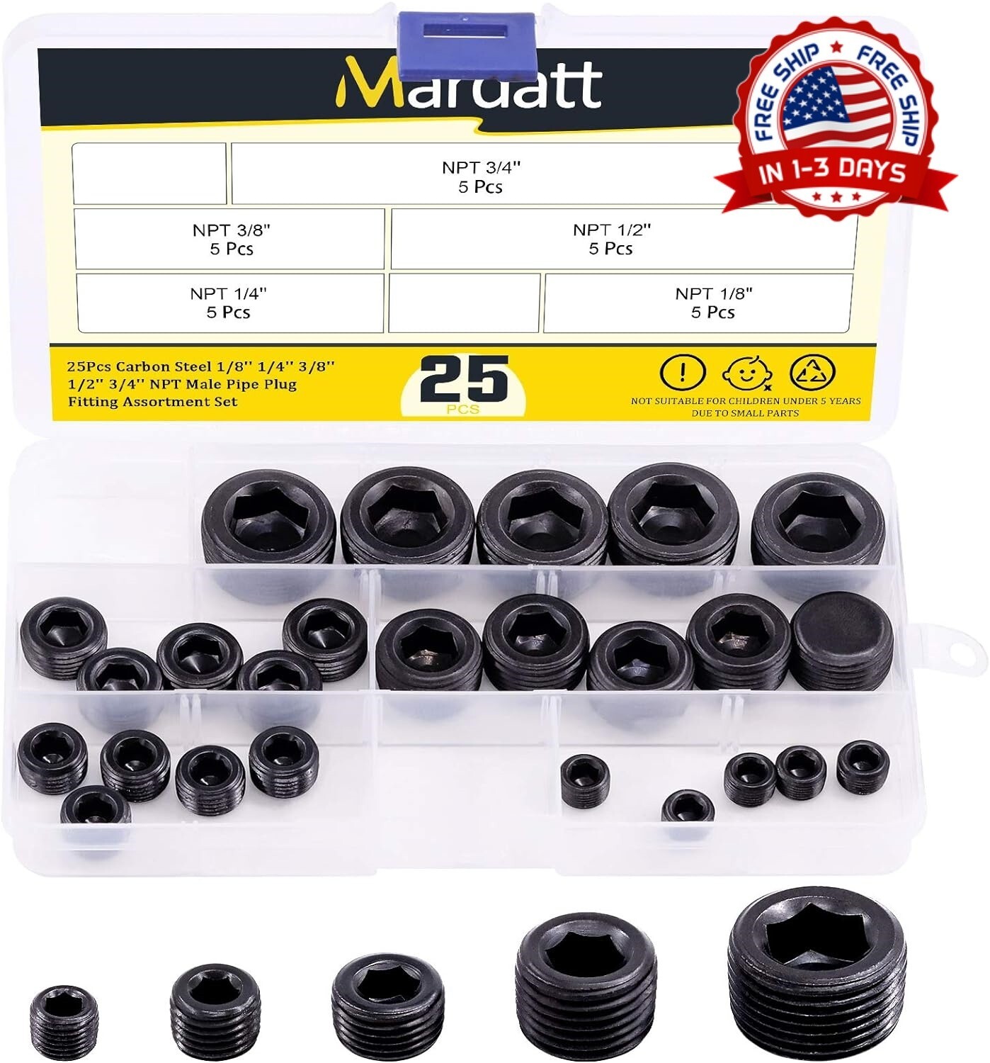 25Pcs NPT Plug Set Pipe Plug Assortment Kit 1/8″ 1/4″ 3/8″ 1/2″ 3/4″Carbon Steel