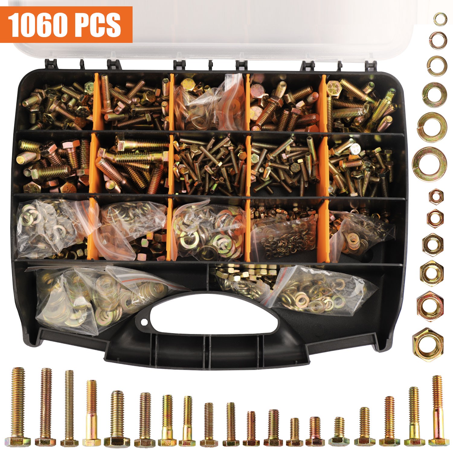 1060PCS SAE & Metric Bolts Nuts Assortment Kit Heavy Duty Assorted Hex Bolts