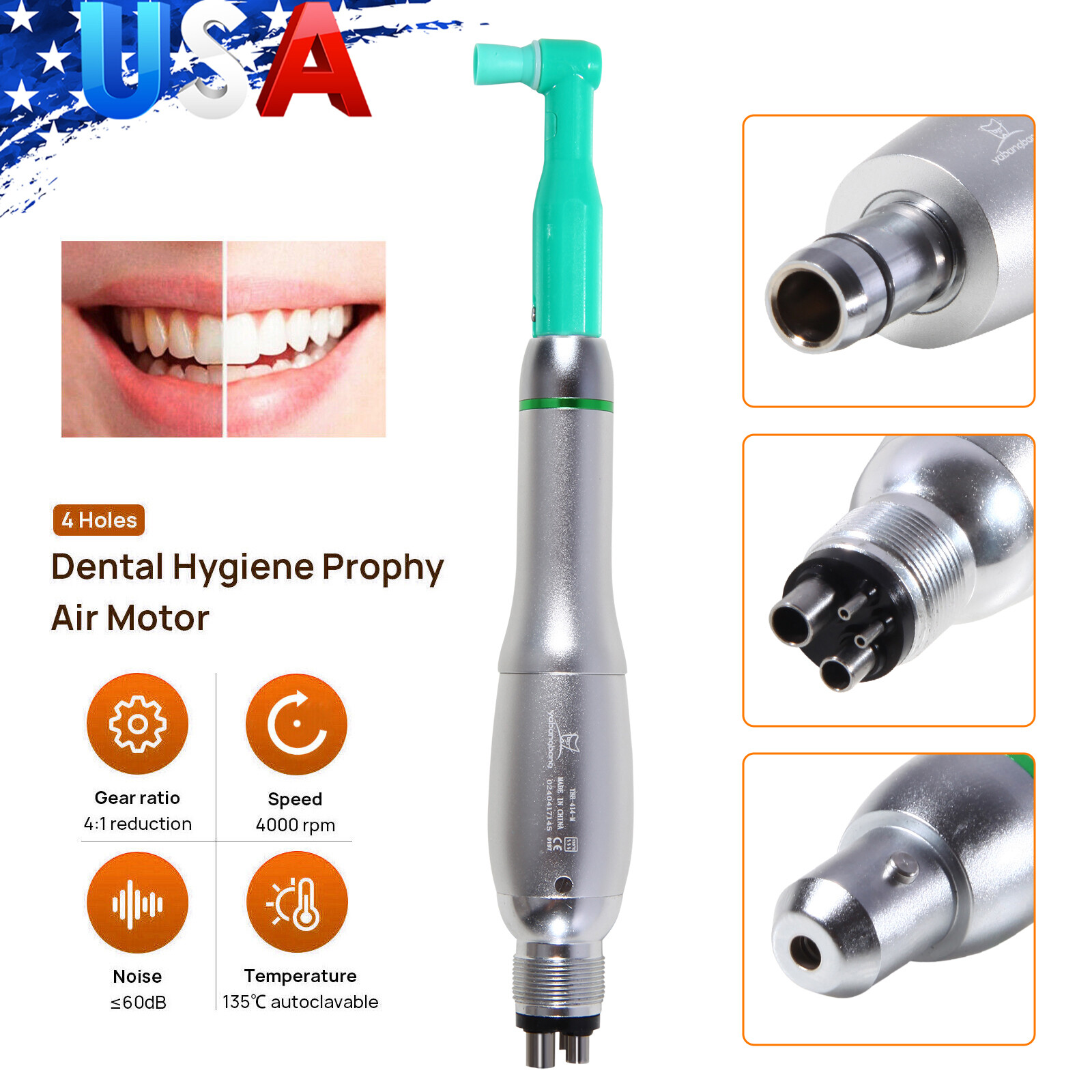 Dental Hygiene Prophy Handpiece Air Motor 4Holes 4:1 Nose Cone 360° Swivel USA