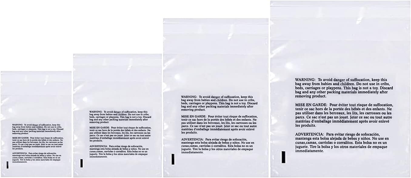 Poly Bags With Suffocation Warning 4X6″, 5X7″, 6X9″, 8X10″ – Small Combo Pack Of