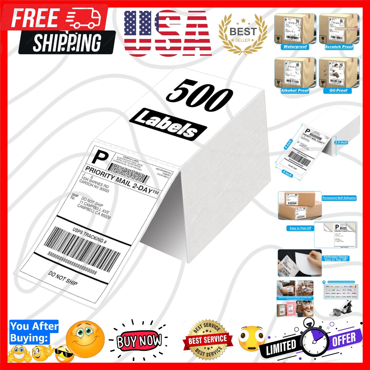 Shipping Labels 4″x6″ for Rollo, Munbyn Thermal, Jadens, Label Range LP620 LP320