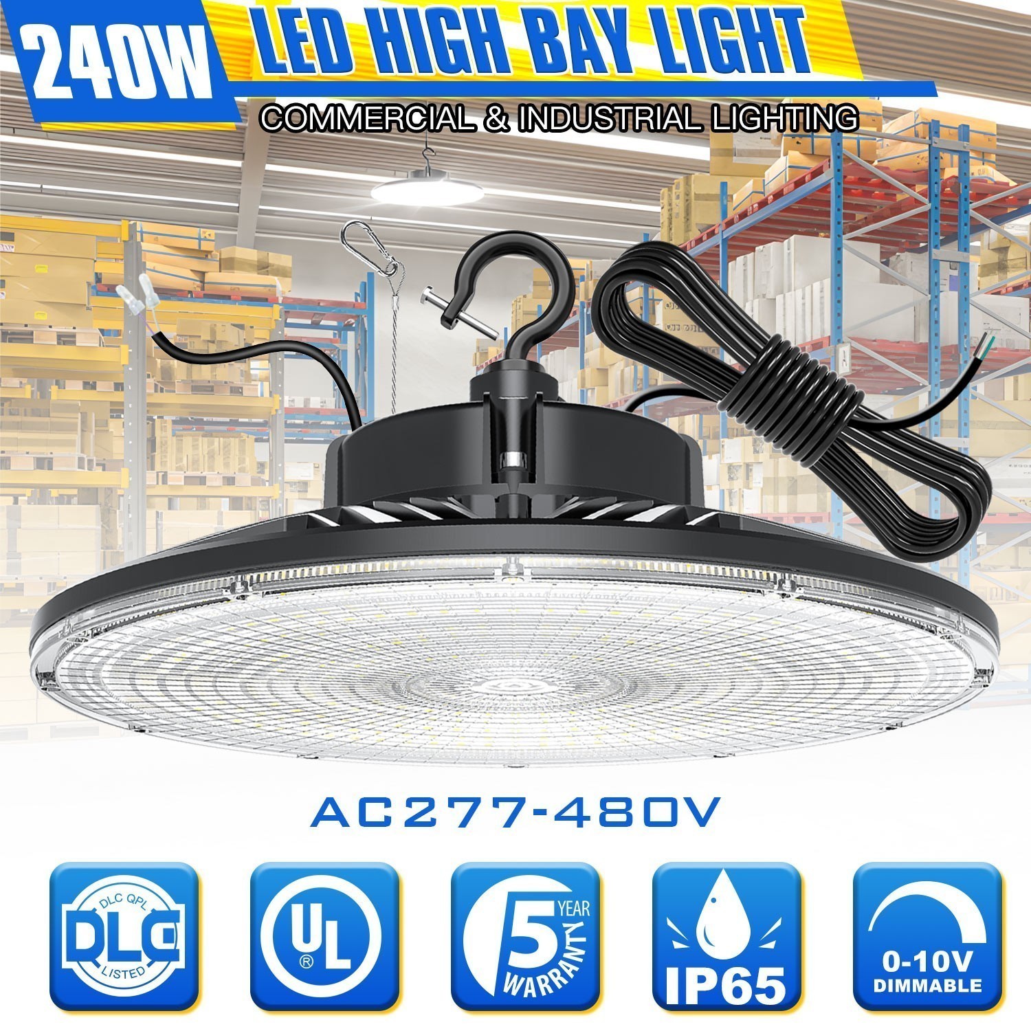 480V UFO-LED-High-Bay-Light 240W/200W/150W Adjustable, UL & Listed 36000LM