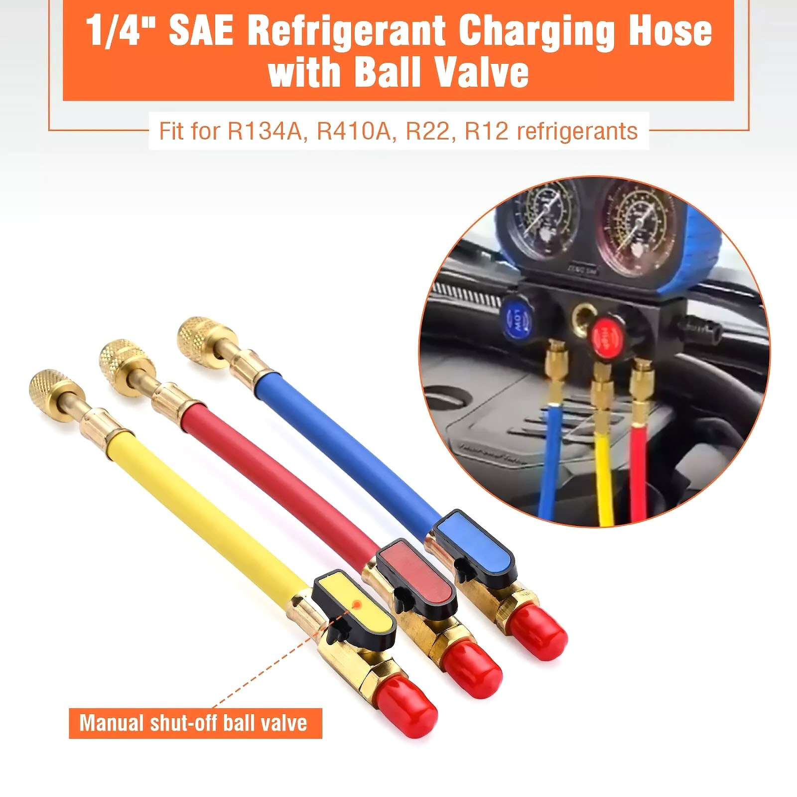 3pcs/set For R134A R410A R22 R12 Refrigerants Ball Valves Hose(Red/Yellow/Blue)