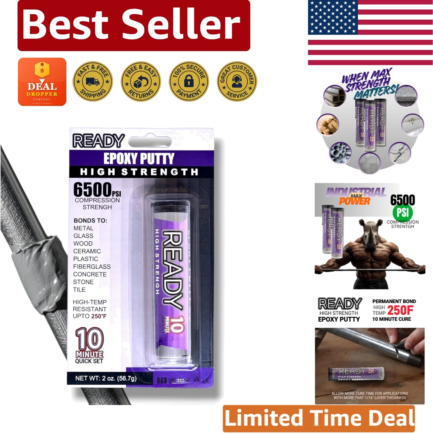 Ready High Strength Epoxy Putty – 10 Min Quick Set, 6500 PSI, High Temp Bond
