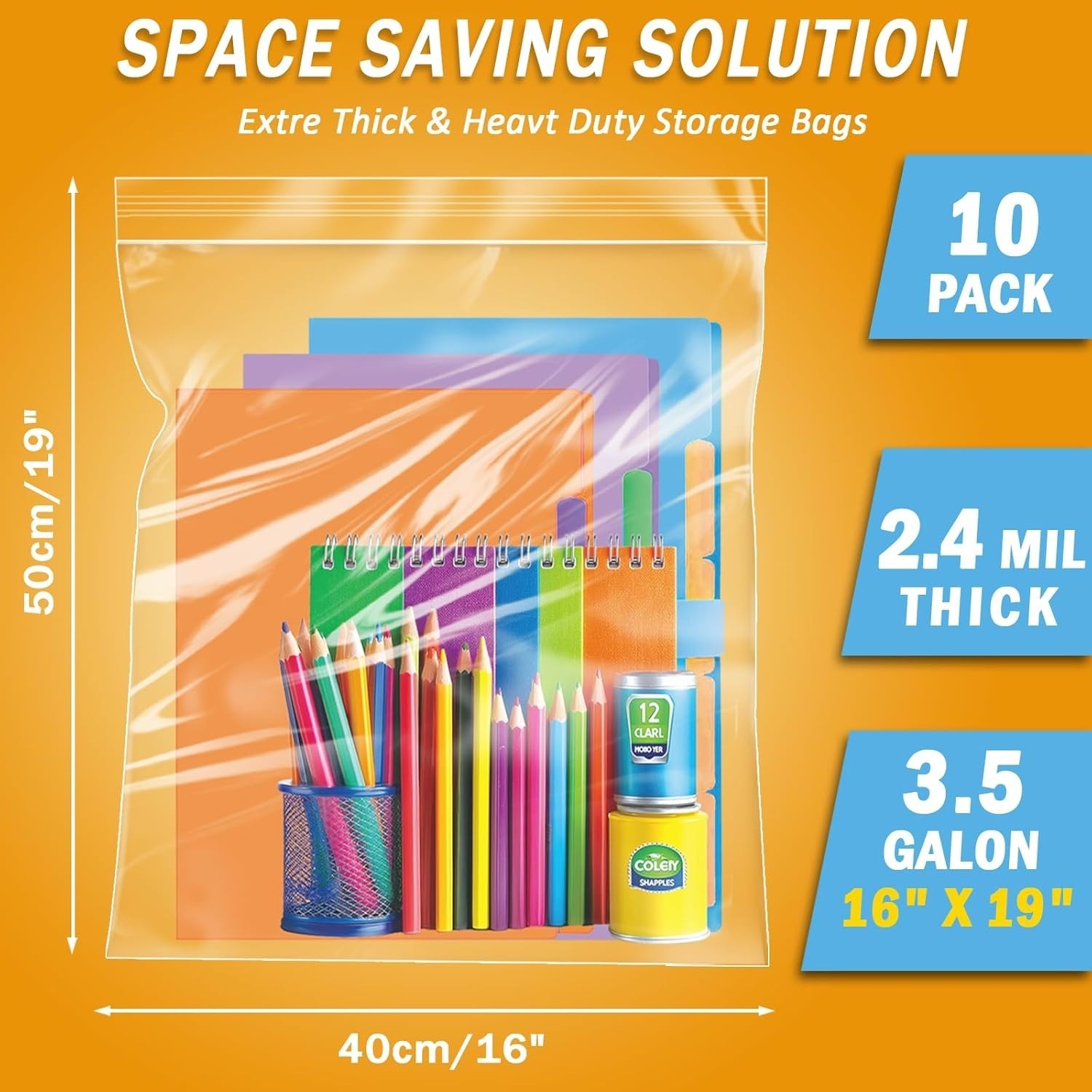 10 Pack Extra Large Plastic Storage Bags, Zipper Seal, 2.4-mil Thick, Heavy Duty