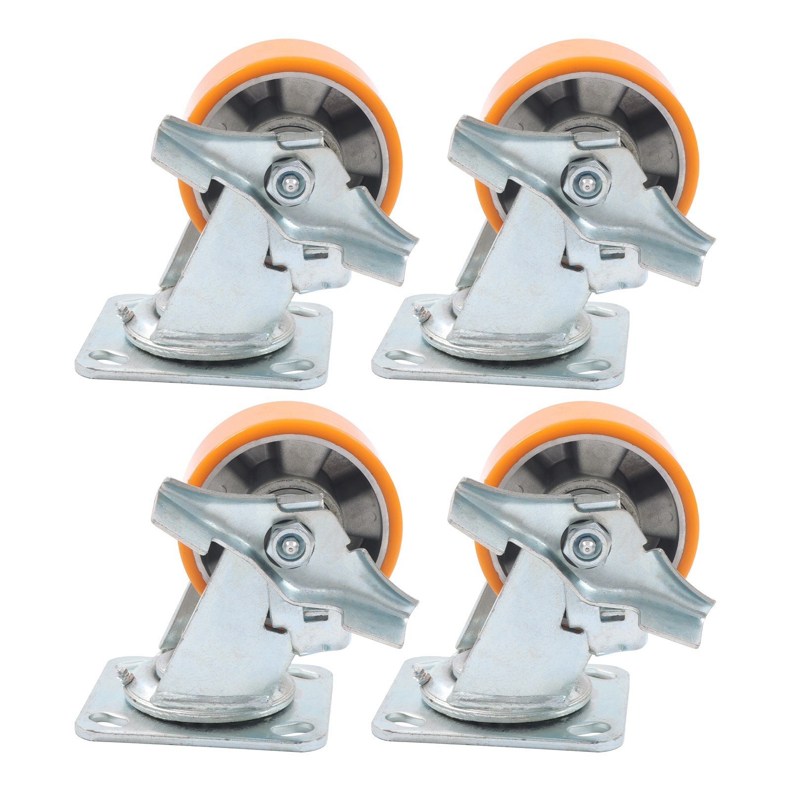 4″ Side Brake Polyurethane Plate Casters, 3200 Pounds, Silver + Qrange, 4 Pieces