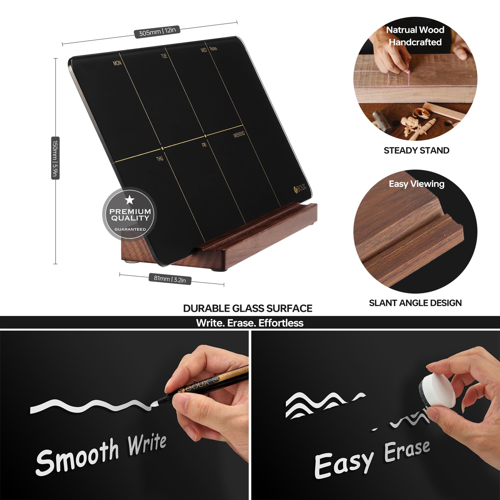 Desktop Black Glass Weekly Planner Dry Erase Whiteboard 12×6 Inches,
