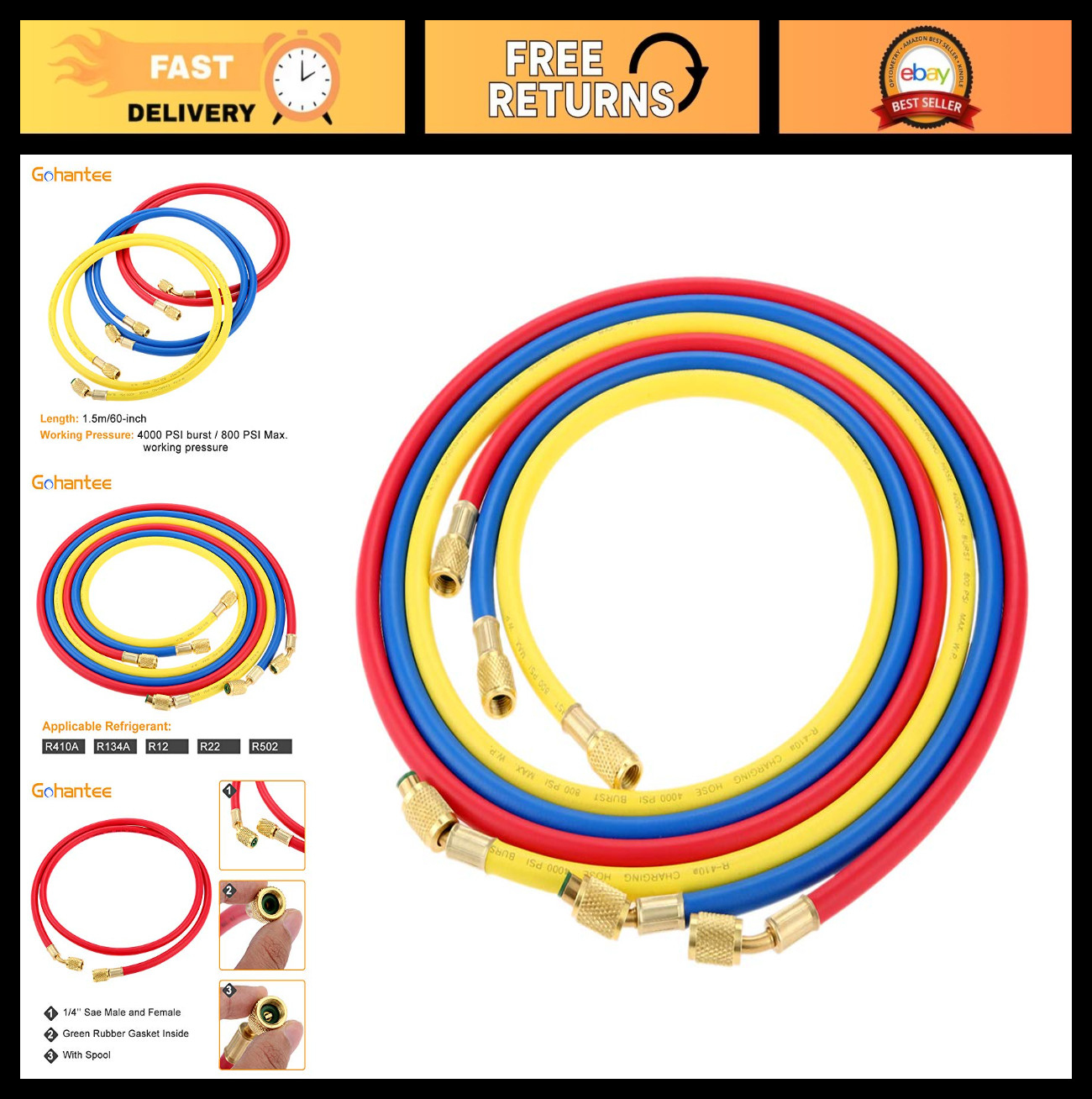 60″ AC Charging Hose Set 1/4″ SAE 800 PSI for HVAC Refrigerant R410A R134A R12 R