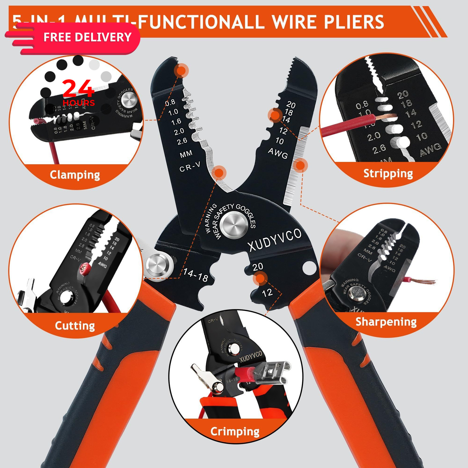 XUDYVCO 5-In-1 Wire Stripper Tool, 3rd Generation 7 INCH, Orange and Black