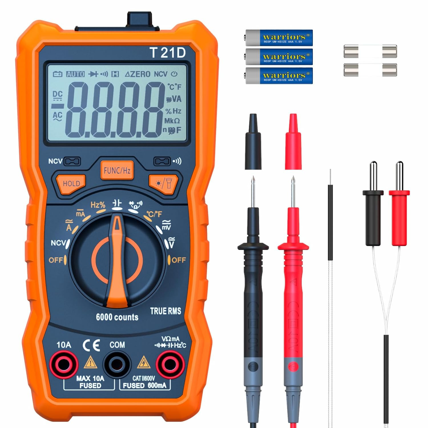Auto-Ranging Digital Multimeter, TRMS 6000 Counts AC DC Voltmeter Ohm Volt Amp M