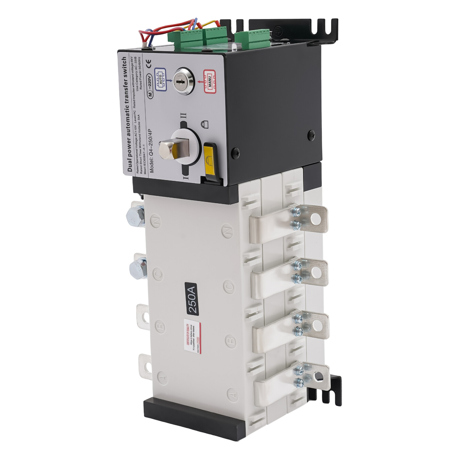 Dual Power Automatic Transfer Switch 250A 4P Auto and Manual Mode 340*130*118mm