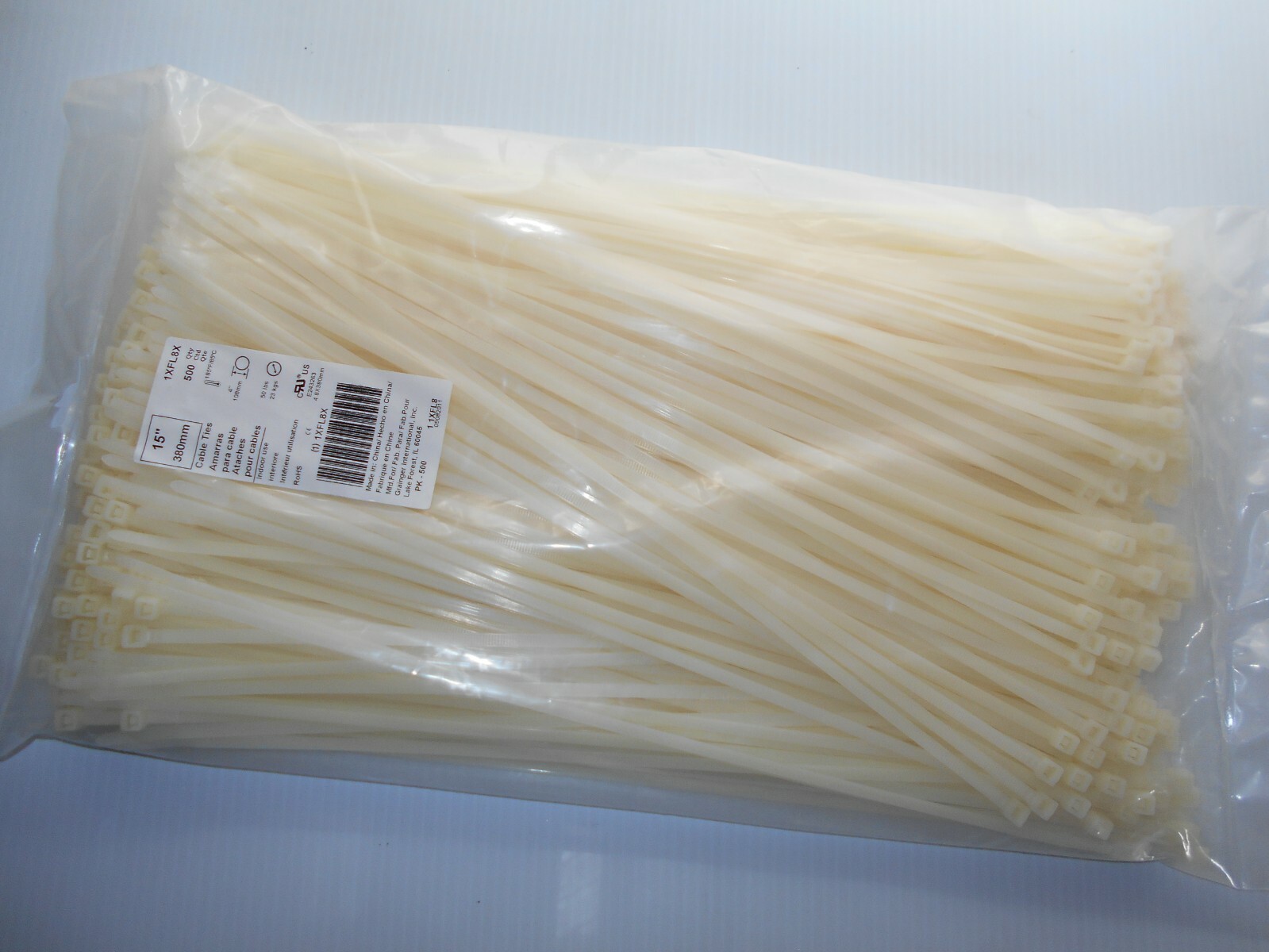 500 PACK NATURAL NYLON CABLE TIES 50 LB, 380mm, 15″, indoor use, NEW!