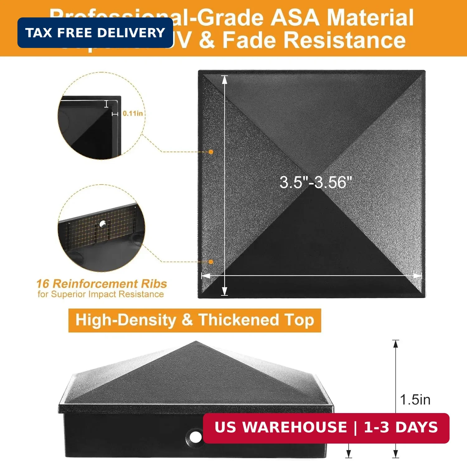 4×4 Post Caps Black (Fits 3.5″x3.5″), ASA Material – UV, Fade & Crack Resistant,