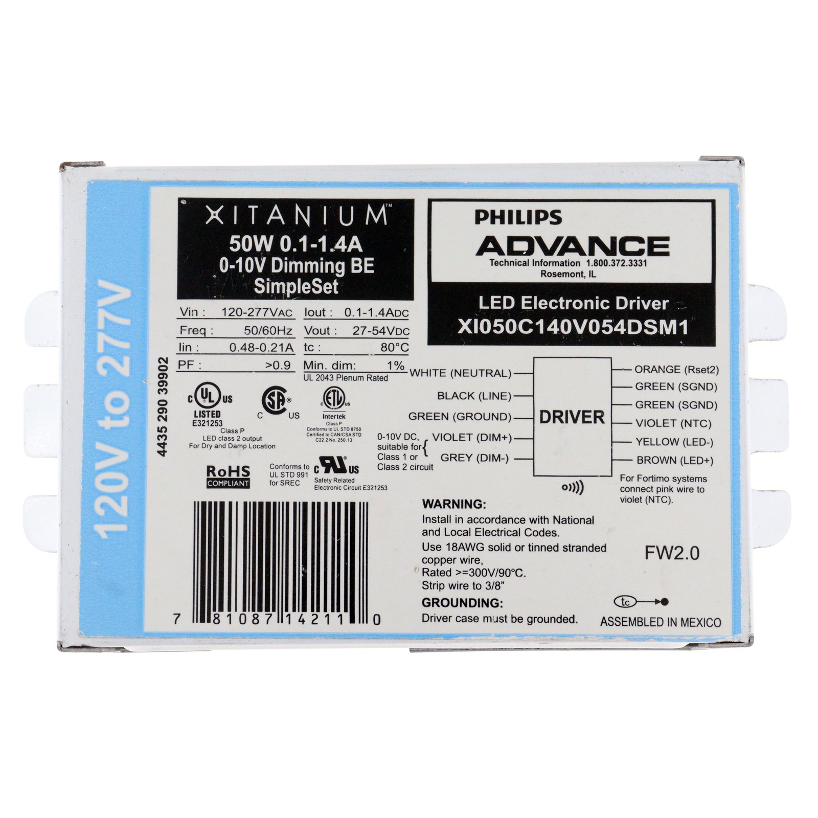 ADVANCE XI050C140V054DSM1 XITANIUM 0-10V DIMMABLE LED DRIVER 27-54V 50W 120-277V