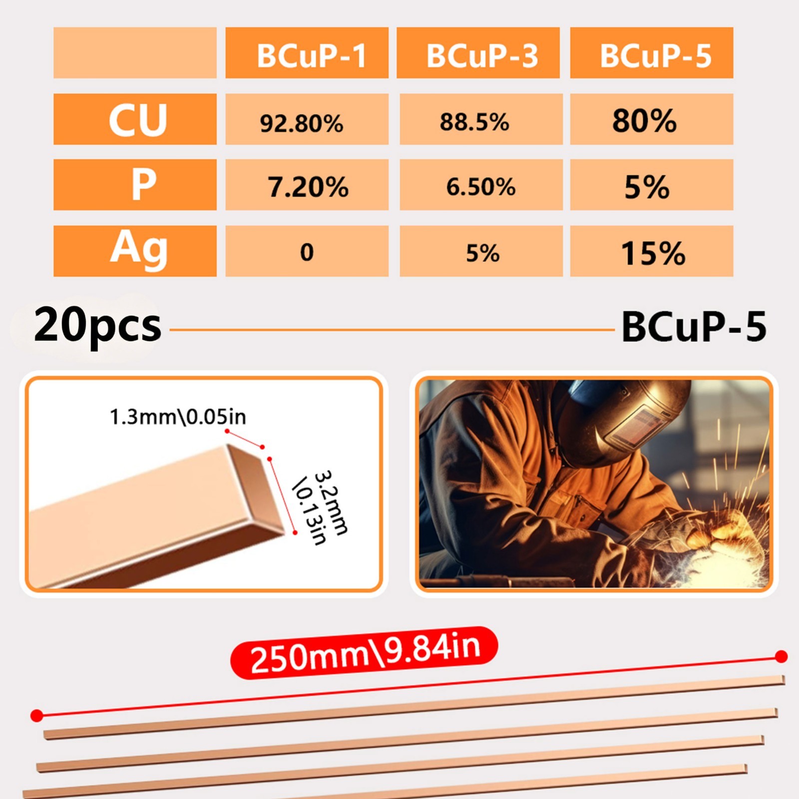 20 Sticks Brazing Rods Bcup-5 15% Silver Solder Phos Copper Brazing Welding Rods