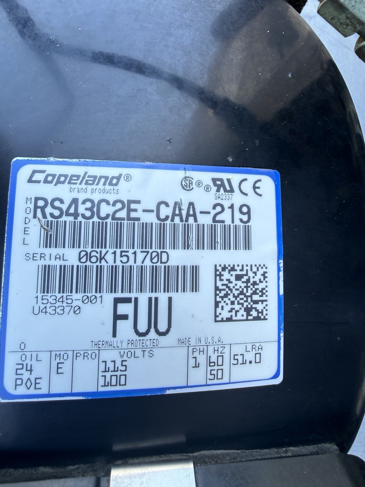 Copeland RSA3C2E-CAA-219 Hermetic Compressor R-404 115V 1 Phase Black Steel