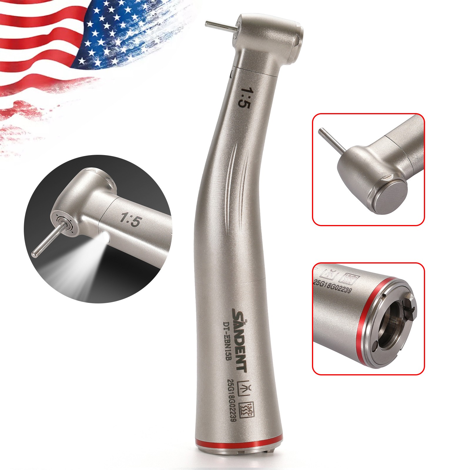 SANDENT Dental 1:5 Ratio LED Contra Angle Handpiece Standard Internal Four Spray