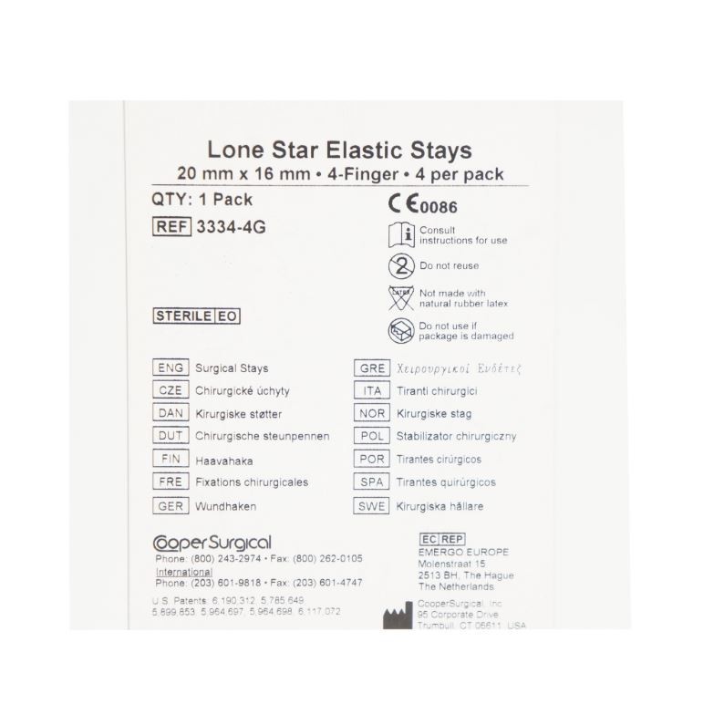 *4-Pieces* Cooper Surgical Lone Star Elastic Stays 20mm x 16mm 4-Finger 3334-4G