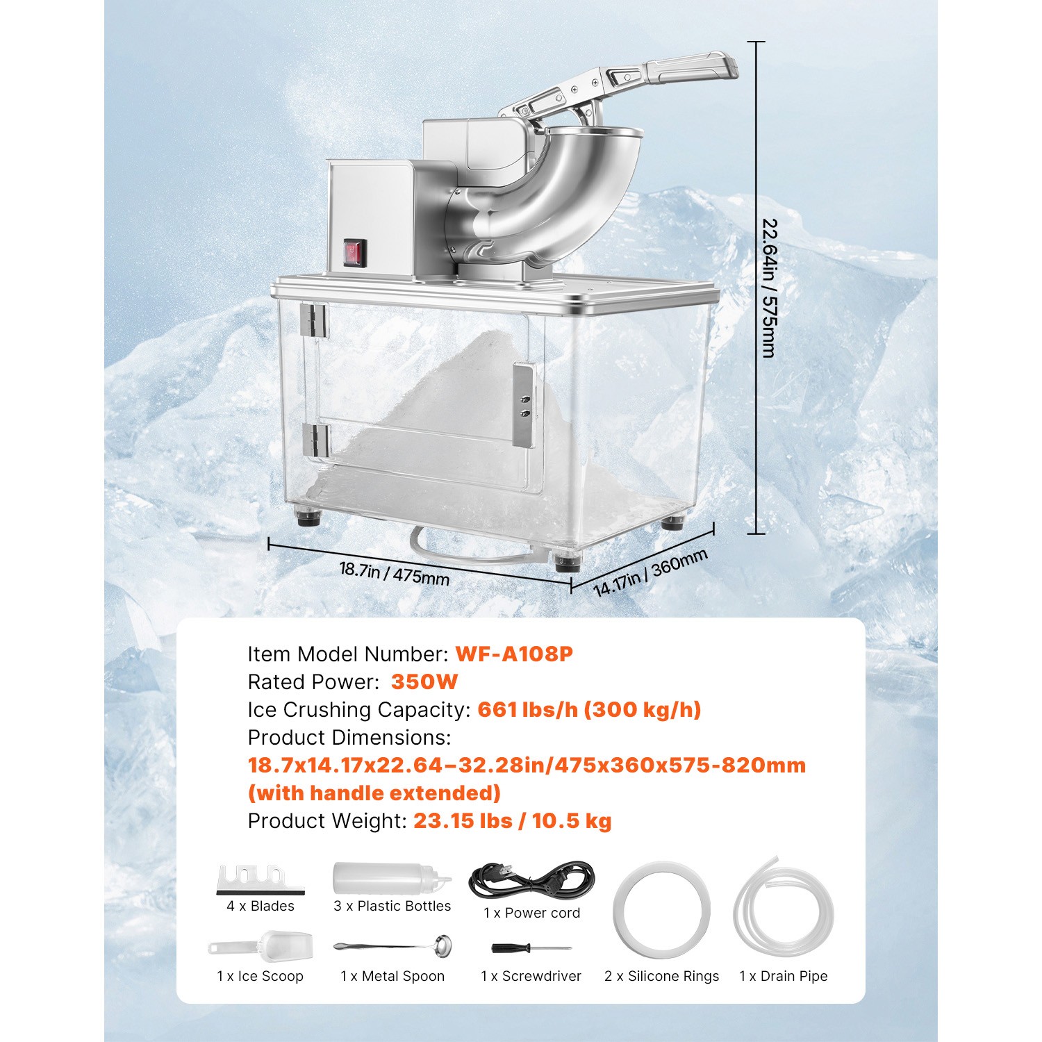Uimoso Electric Ice Crusher Machine 661LB/H for Shaved Ice and Snow Cones Silver